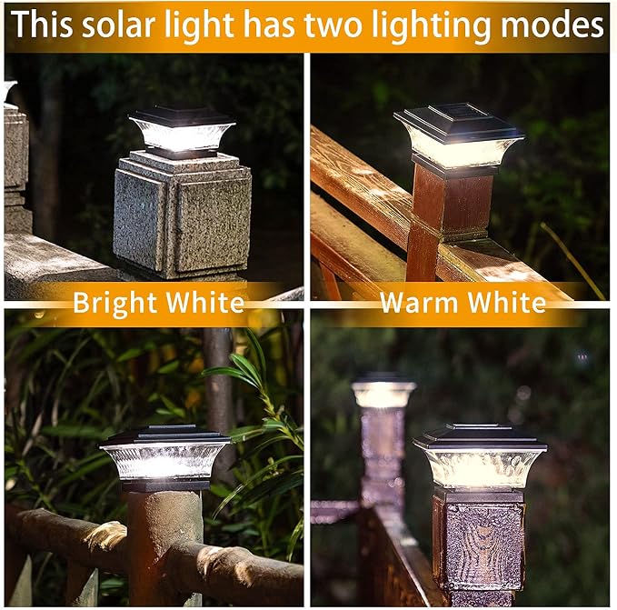 HUYIENO Solar Post Cap Lights Outdoor LED Lighting Deck Fence Cap Light Two Light Modes Warm White/Bright White Suitable for 4x4 Wooden Posts Black 4PK