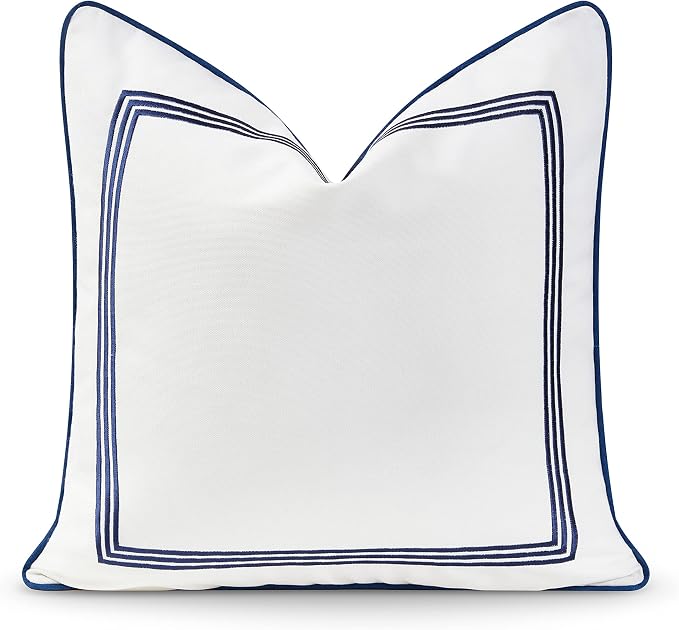 Hofdeco Premium Coastal Hampton Style Patio Indoor Outdoor Pillow Cover Only, 20"x20" Water Resistant for Backyard, Couch, Navy Blue Embroidered Square Line