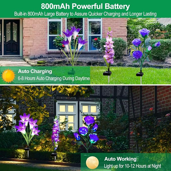 MRHEPHAESTUS Solar Garden Lights, 6 Pack Solar Flowers Lights with Lily Rose Delphinium, Waterproof Gardening Gifts for Mom Grandma Women,Multi-Color Changing Outdoor Light for Garden Yard Patio Lawn