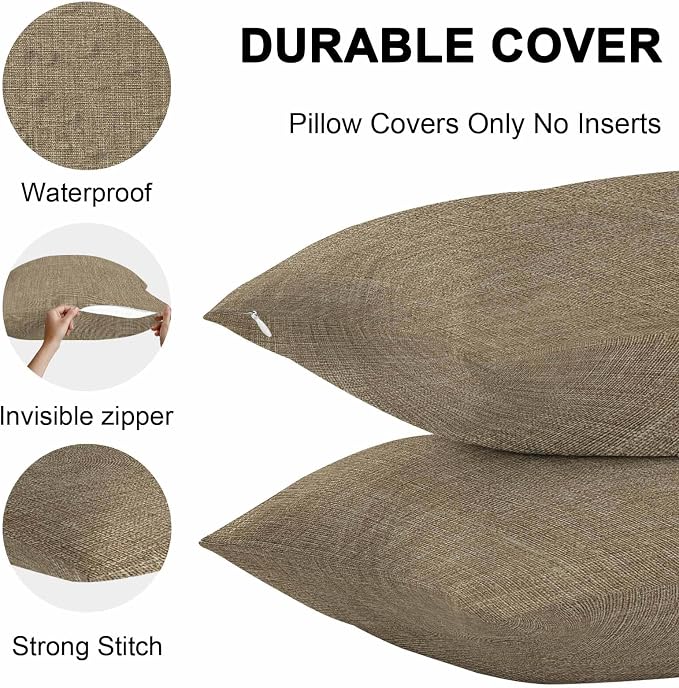 Vandarllin Outdoor Throw Pillows Covers 24x24 inch Set of 2 Waterproof Brown Linen Decorative Zippered Cushion Covers for Patio Furniture, Farmhouse Pure Color Lumbar Pillowcases