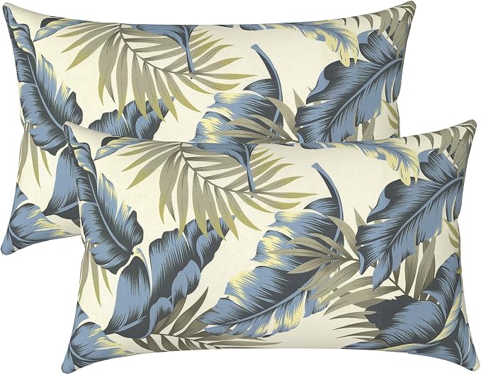 LVTXIII Set of 2 Patio Lumbar Pillows, 12" x 20" Fade Resistant Outdoor Lumbar Pillow with Inners, Fluffy Decorative Garden Lumbar Cushions for Home Patio Coach Sofa Use, ‌Lush Palm Blue