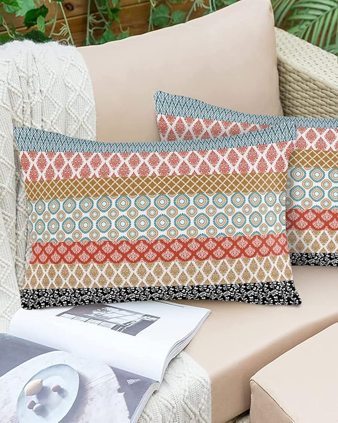 Boho Outdoor Pillow Covers Waterproof, Colorful Striped Ethnic Modern Geometric Abstract Art All Weather Cushion Case Set of 2, Lumbar Pillowcase for Sofa Couch Bed Decor Patio Furniture 20"x12"