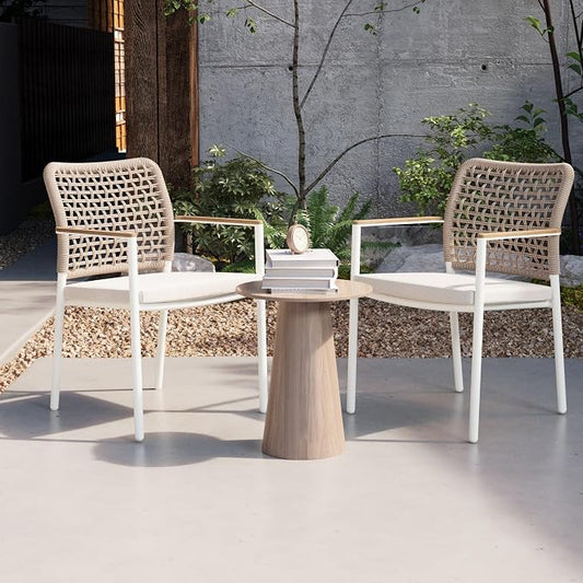Modern Shade Riviera Outdoor Dining Chairs Set of 2, Fade Resistant, All-Aluminum Woven Rope Outdoor Chairs with FSC Teak Wood Armrests, Weather-Resistant Patio Chair with Quick Dry Cushion, Beige