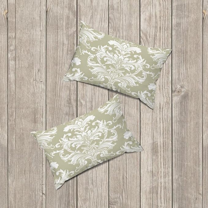 Set of 2 Tan Off Green White Damask Pattern Print Pillow Cases 12x18in Cushion Covers Farmhouse Pillows Covers for Couch Living Room Office Soft Rectangle Accent Pillowcase for Kids