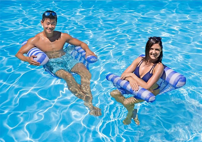 Poolmaster 2- Pack Water Hammock Inflatable Pool Floats for Adults, 4-in-1 Hammock, Saddle, Lounge or Drifter With Quick-Dry Mesh Fabric, 12-Gauge Vinyl Support, Blue