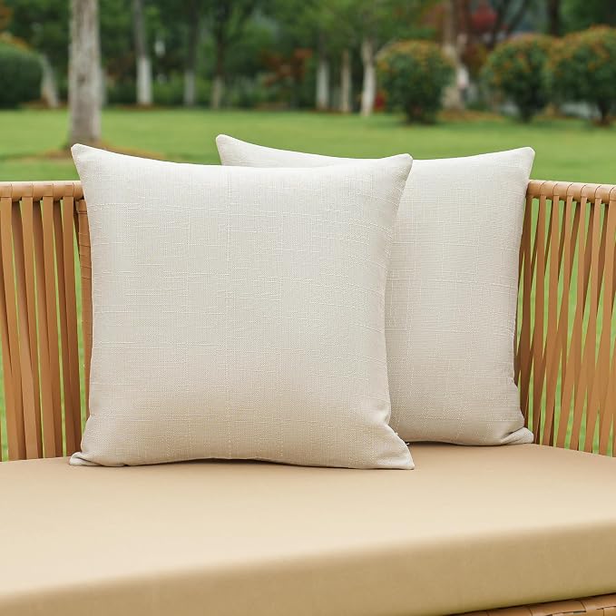 NiNi ALL Waterproof Outdoor Pillow Covers 20x20 Set of 2 Patio Beige | Faux Linen Textured Decorative Solid Throw Pillow Covers Farmhouse for Garden Furniture Tent Balcony Couch Sofa Cushion