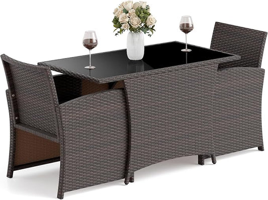 HAPPYGRILL 3 Pieces Patio Wicker Dining Set, Balcony Furniture Set w/Tempered Glass Dining Table, 2 Chairs, Comfy Cushions, Space-Saving Dining Set for Small Spaces, Perfect for Garden, Backyard