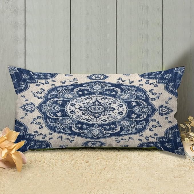 Set of 2 Classical Navy Blue Damask Pattern Pillow Covers 12x24in Farmhouse Canvas Cushion Covers Outdoor for Couch Chair Home Decor for Family Friends
