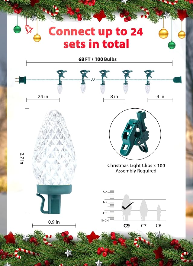 Brightown C9 LED Christmas Lights Outdoor, 68 Feet 100 LED C9 String Lights with 100 Spring Clips, Waterproof Connectable Christmas Tree Lights for Outside Roofline Patio Home Xmas Decor, Pure White