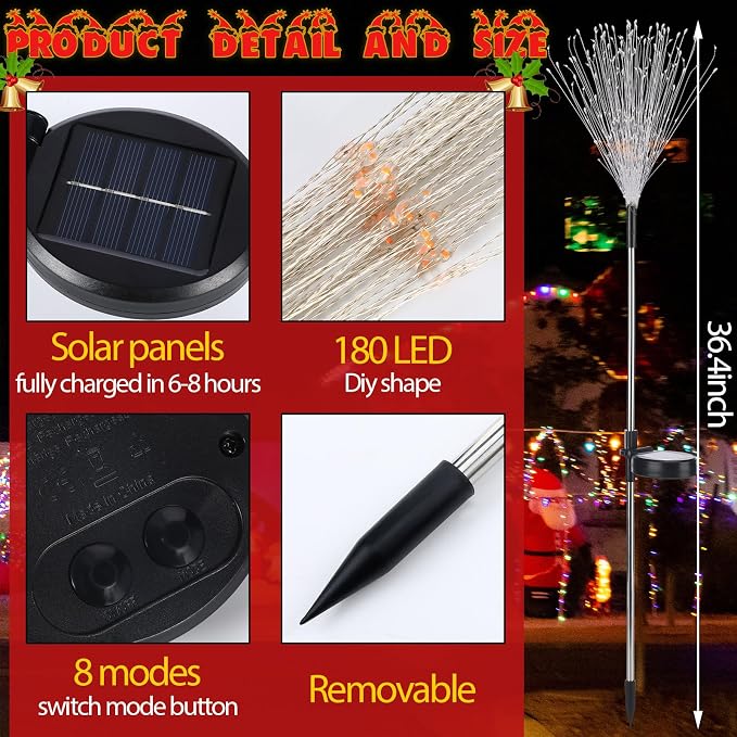Tujoe 12 Pcs Christmas Solar Firework Stake Lights 180 LED 8 Modes Solar Waterproof LED Sparkler Lights Outdoor Decoration for Garden Patio Yard Pathway Walkway Lawn (Red Green White)