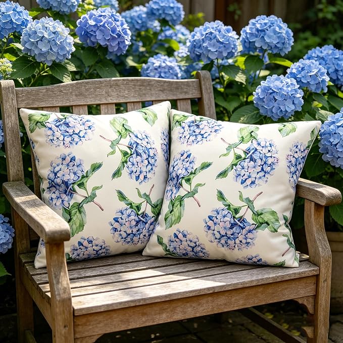 cygnus Summer Waterproof Outdoor Pillow Covers 18x18 Inch Blue Green Hydrangea Outdoor Pillows for Patio Furniture Garden Home Decor- Double Side,Fade Resist