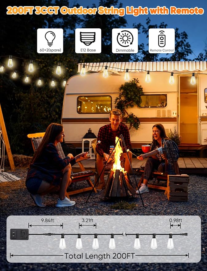 ST38 Outdoor String Lights with Remote, 3 Color in 1, 200FT, 60+2 Bulbs, 2700K/4000K/5000K