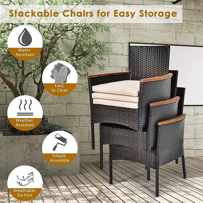 HAPPYGRILL 7-Piece Rattan Patio Dining Set Outdoor Wicker Dining Set with Umbrella Hole, Removable Cushions, Table & Chairs Set with Acacia Wood Table Top