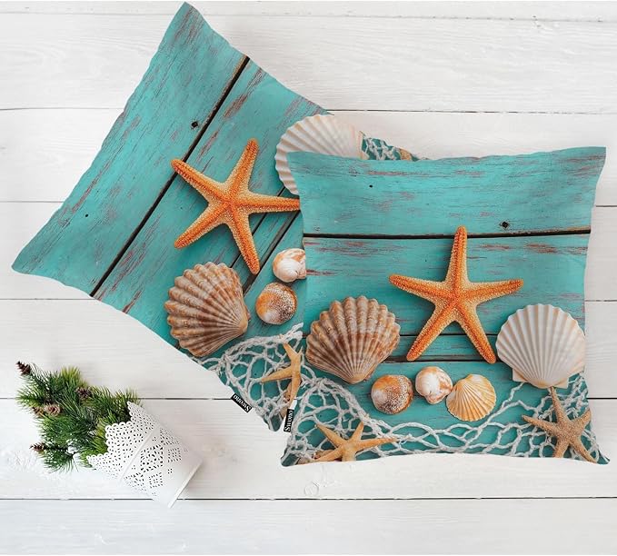 Swono Marine Throw Pillow Cases, Fishing Net Seashells Starfish Set of 2 Decorative Throw Pillow Cover Turquoise Blue Wood Square Pillow Cushion Case Home Decor for Sofa Couch Bed Car 18x18 Inch