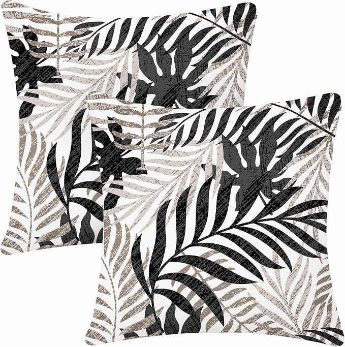 Allorry Outdoor Pillow Covers 18x18 Set of 2 Hawaii Tropics Palm Leaves Black Brown Floral Pattern Decoration Pillow Covers for Spring Summer Outdoor Waterproof Garden Patio Sofa Bed Decor JB010-G18