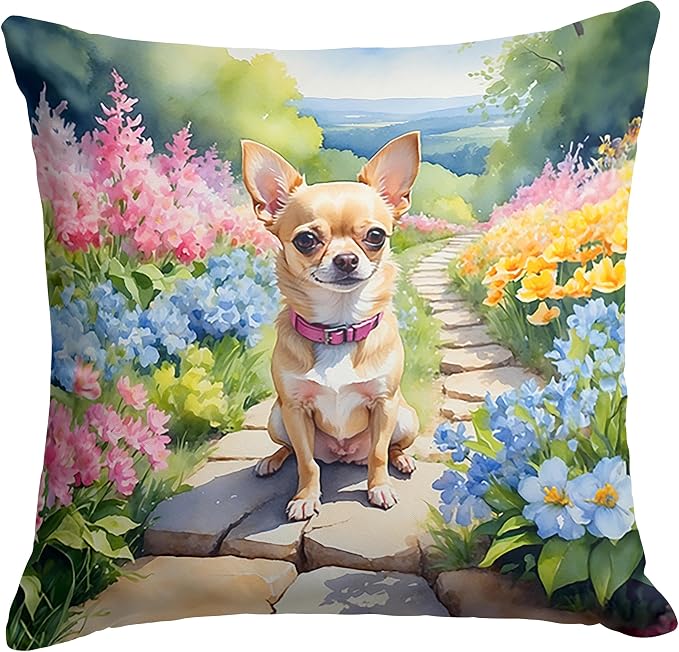 Caroline's Treasures Chihuahua Spring Path Throw Pillow Machine Washable, Indoor Outdoor Decorative Pillow for Couch, Bed or Patio, 18Hx18W