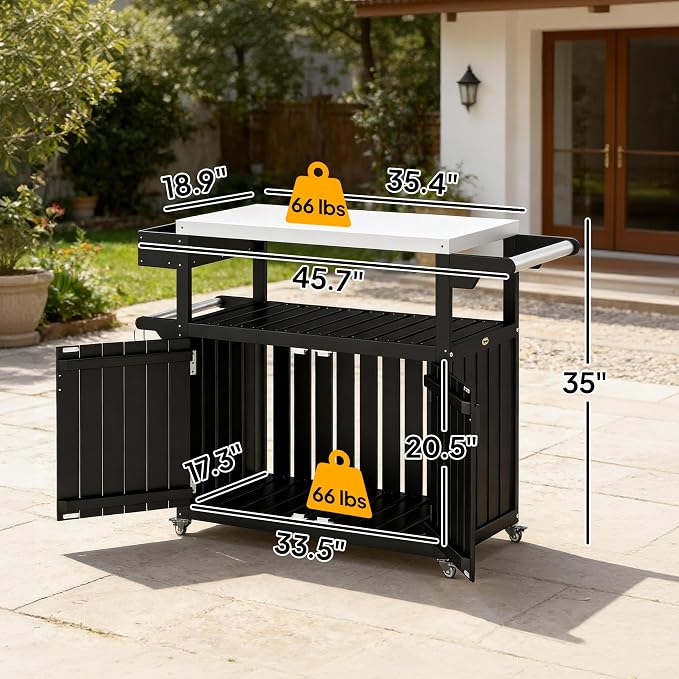 Outsunny Outdoor Bar Cart with Storage Cabinet, Stainless Steel Top Kitchen Island on Wheels, HDPE Outdoor Bar Table, Movable Patio Beverage Food Prep Table for BBQ Picnic, Black