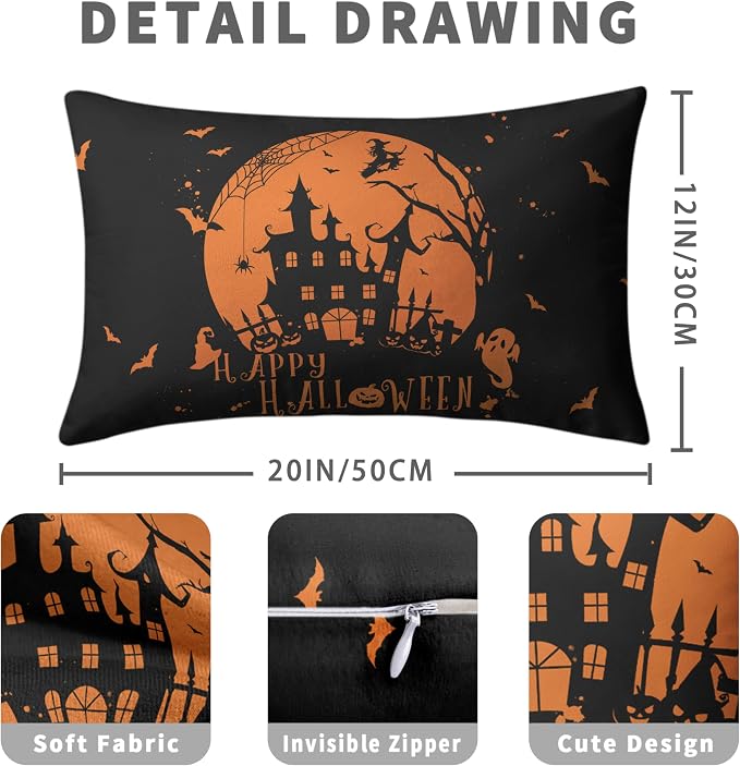 Halloween Lumbar Pillow Covers 12X20 Witch Castle Spider Web Rectangle Pillowcase Set of 2 for Living Room Couch Orange and Black Waist Pillow Covers Halloween Decoration