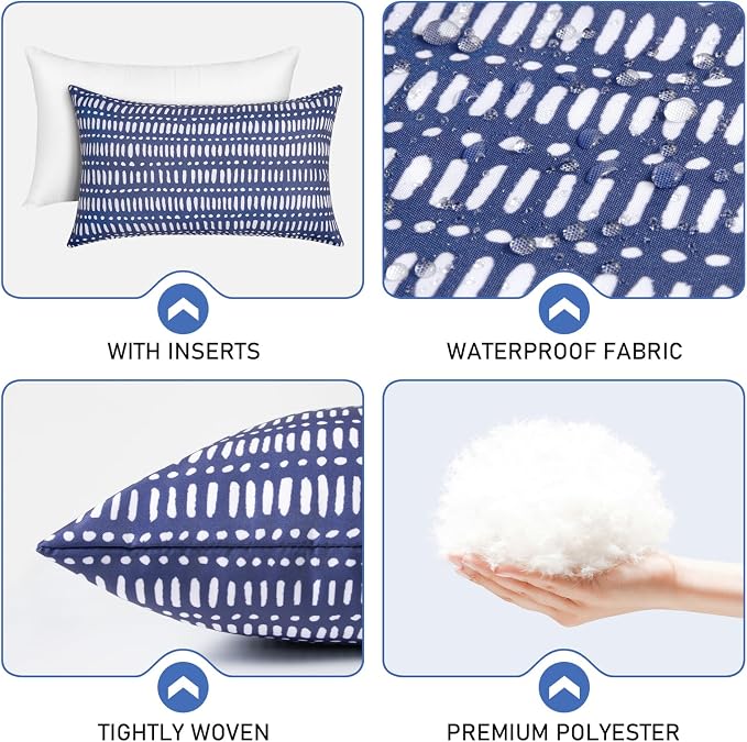 Pack of 2 Outdoor Pillows, 12x20 Outdoor Lumbar Pillows Waterproof | Outdoor Throw Pillows with Inserts, Fluffy and Supportive, Decorative Pillow for Patio and Garden, Pebble Dark Blue