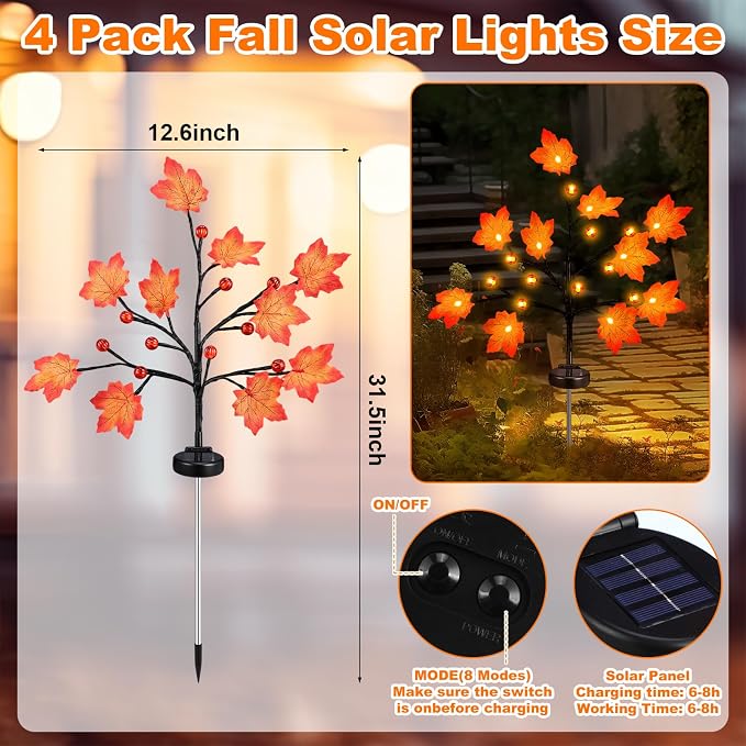 Rossesay 4 Pack Outdoor Fall Solar Lights Decorations Thanksgiving Waterproof Orange Maple Leaf Lights, Autumn Artificial Tree for Halloween Christmas Party Yard Garden Decor, 10 LED 8 Modes