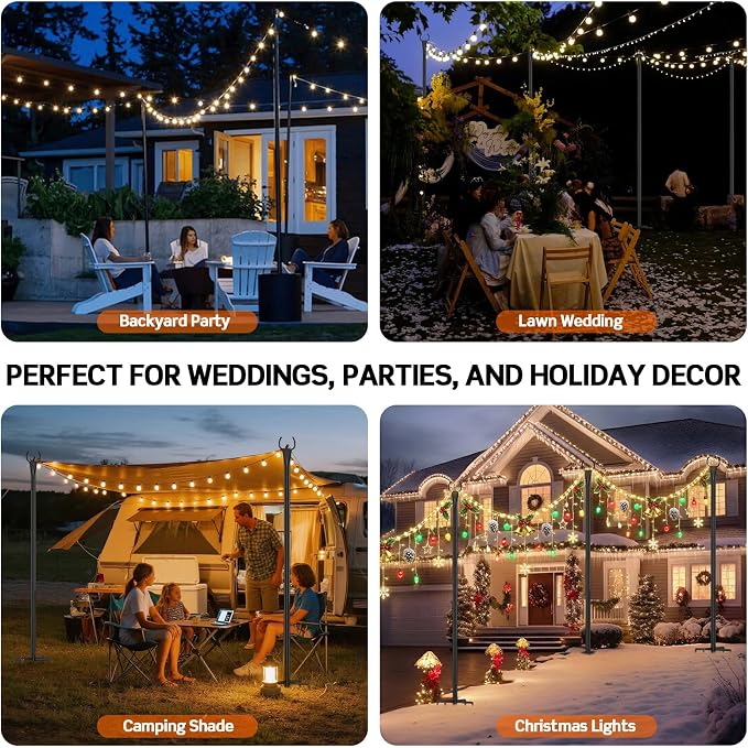String Light Poles for Outside, 10ft Outdoor Poles for String Lights, Heavy Duty Stepped-in 5-Prong Base Light Pole for Backyard, Patio, Garden, Wedding & Party Decor (6 Pack)