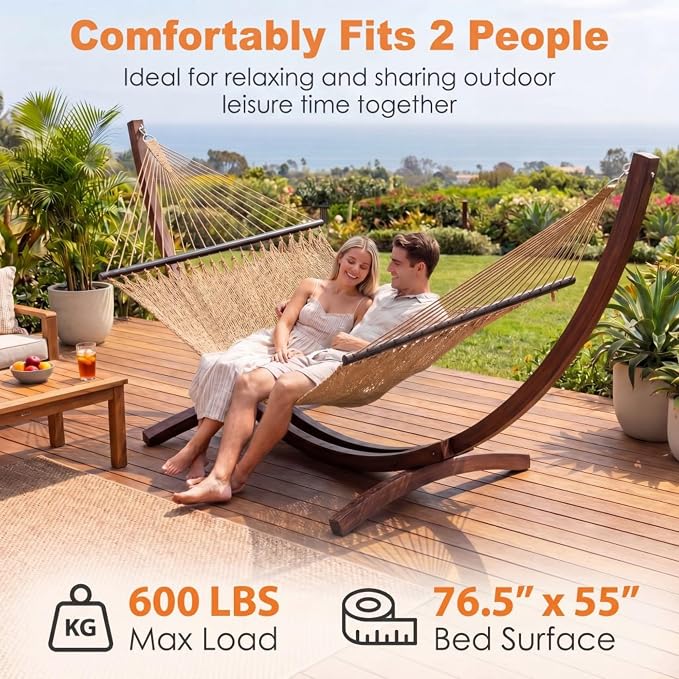 Happygrill 10.5FT Caribbean Double Hammock, Outdoor Portable Hammock with Spreader Bar, Soft-Spun Polyester Rope, 2 Person Hammocks for Outside, Camping & Patio, Max 600 lbs Capacity (Coffee)