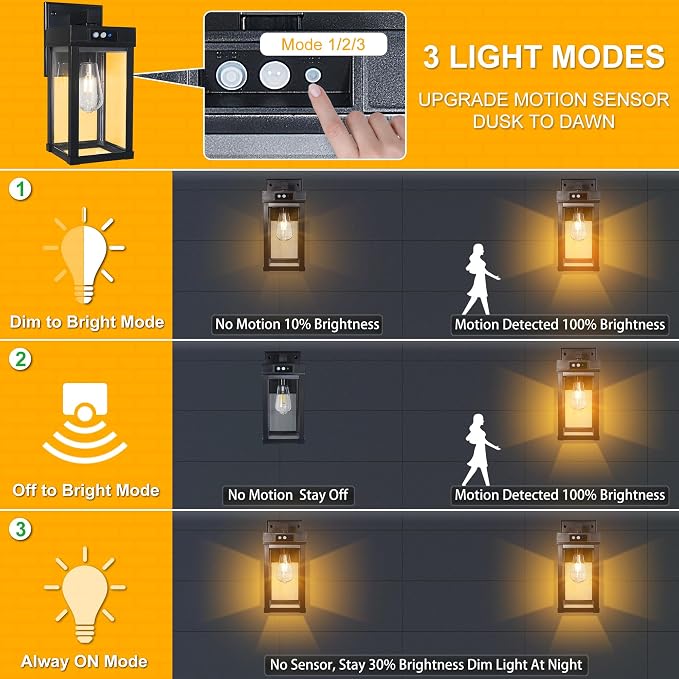 Solar Wall Lights Outdoor, Solar Sconce Lantern with 3 Lighting Modes | Motion Sensor, Porch Light Fixture Outside Waterproof with Clear Panel for Garage Yard Front Door Shed