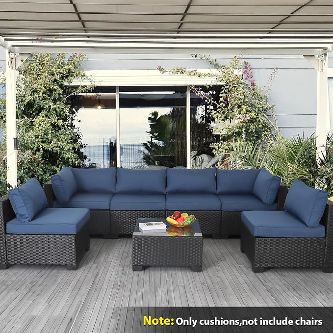 Valita Outdoor Furniture Replacement Cushions, Fits 6-seat Sectional Rattan Conversation Set, 14 Piece Patio Water-Resistant Replacement Sofa Cushions, Liner&Cover (Navy Blue)