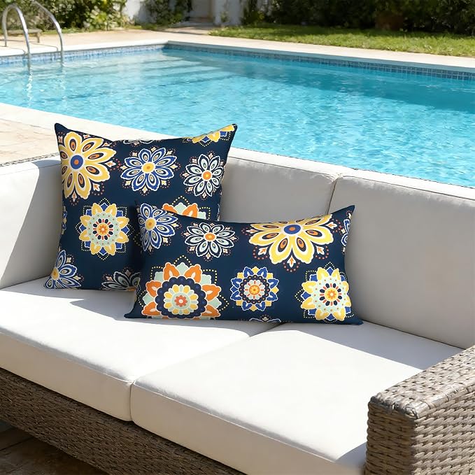 Outdoor Lumbar Pillows with Insert 12x20 Inch, Waterproof Throw Pillow for Patio Furniture, Decorative Lumbar Cushions for Garden Home Sofa Office Chair, Set of 2, Bloom Medallion‌Cobalt