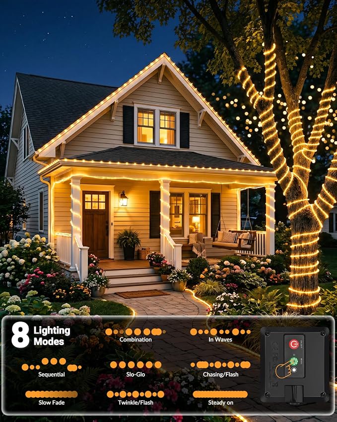 btfarm 2 Pack Solar Rope Lights Outdoor, Total 92FT 240LED Solar String Lights Outside Waterproof, 8 Lighting Mode Solar Powered Trampoline Light for Garden Tree Christmas Yard Party Decor, Warm White