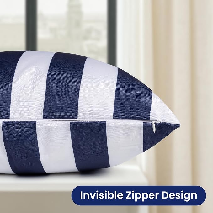 Outdoor Pillow Covers 20x20 Inch, Waterproof Throw Pillow Covers Pack of 2, Water-Resistant Decorative Pillow Case for Patio Furniture Tent Garden, Nautical Navy Blue White Stripes, Cover ONLY