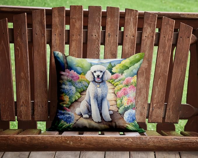 Caroline's Treasures White Poodle Spring Path Throw Pillow Machine Washable, Indoor Outdoor Decorative Pillow for Couch, Bed or Patio, 14Hx14W