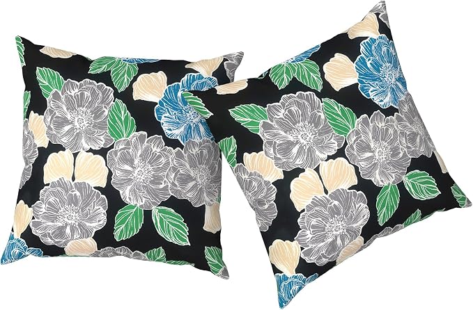 Outdoor Pillows with Insert 18x18 Inch, Waterproof Throw Pillow for Patio Furniture, Decorative Back Cushion for Garden Home Sofa Office Chair, Set of 2, Peony Garden