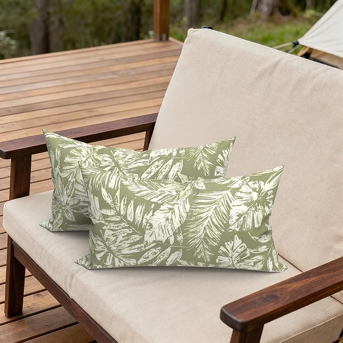 Outdoor Lumbar Pillows 12x20 Inch, Water Repellent Cushion Pillows, Outdoor Pillows with Inserts for Home Garden Pack of 2, Tropical Leaf Green