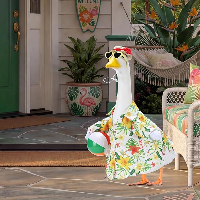 Hawaiian Beach Porch Goose Outfits for 23 Inch Statue | Summer Tropical Shirt with Swim Ball Costume for Cement Statue, Luau Sculpture Clothes for Swimming Pool Party Decoration