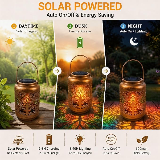Tree of Life Solar Lantern Outdoor, Decorative Metal Solar Hanging Light with Colorful Light Pattern, Waterproof Garden Lantern for Patio, Yard, Porch, Balcony, Gifts for Women Mom Grandma