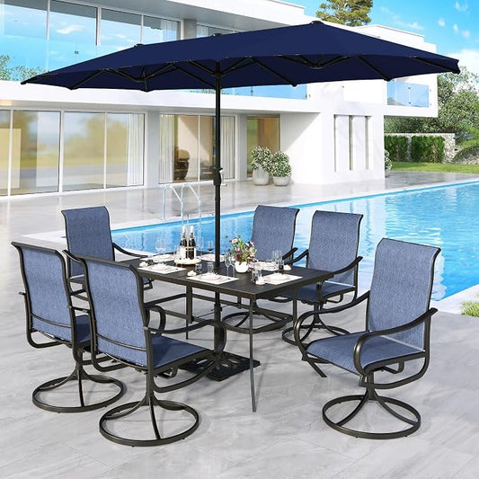 MFSTUDIO Outdoor Dining Set for 6, Patio Furniture Set with Navy Umbrella (Base not Included), Outdoor Rectangle Table and Navy Swivel Chairs Set for Patio, Deck, Backyard, Garden
