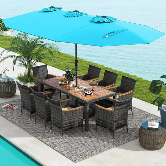 Tangkula 10 Pieces Patio Wicker Dining Set w/Double-Sided Patio Umbrella, Outdoor Acacia Wood Furniture Set w/ 8 Armchairs, 71” Dining Table & 15 ft Umbrella with Weighted Base (Turquoise)