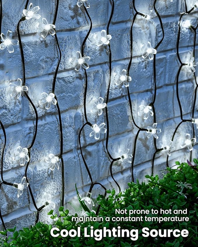 Brightown 2 Pack Total 52FT 120 LED Solar String Lights Flower Outdoor Waterproof Fairy Lights for Garden Yard Fence Patio Christmas Tree Wedding Party Decor, Pure White