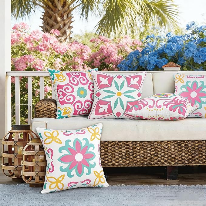 Pyonic Spring Summer Outdoor Pillows Waterproof Throw Pillow Covers Set of 4 Pink Green Floral Printed and Boho Farmhouse Outdoor Pillow Covers for Patio Funiture Garden 18x18 Inch