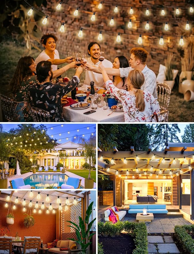 LED Outdoor String Lights with Remote, 60FT Patio Lights Outdoor Waterproof with 19 Shatterproof ST38 LED Edison Bulbs, 3 Modes 2 Timer Dimmable String Lights for Outside, Low Voltage 24V