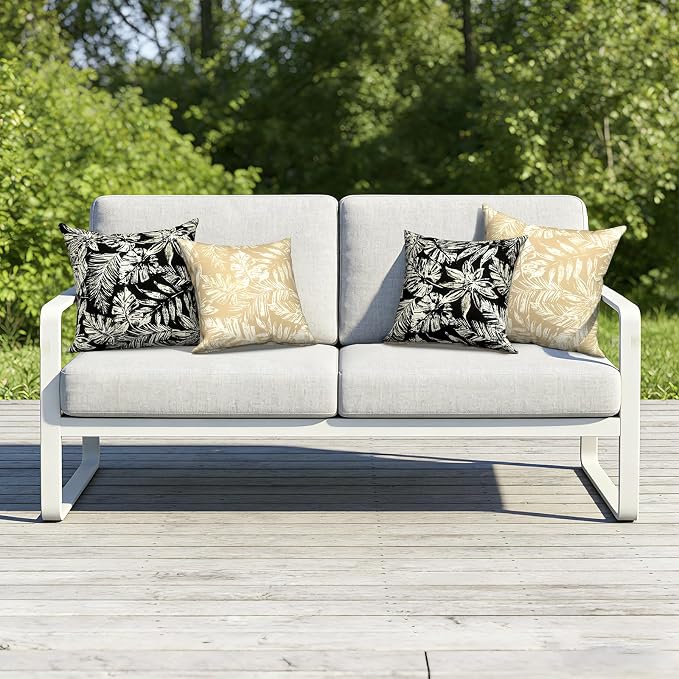 Outdoor Throw Pillow Covers 18x18 Inch, Decorative Pillow Covers for Patio Furniture, Tropical Leaf Black Modern Cushion Cases for Garden Couch Home Sofa, Pack of 2