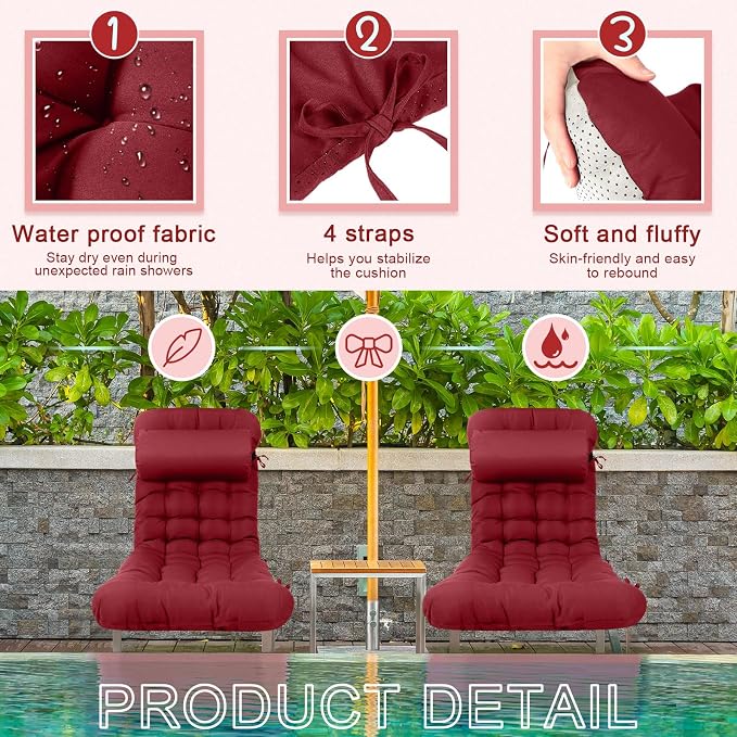 Tudomro Outdoor Chaise Lounge Cushion 66x21x4'' Waterproof & Fade-Resistant Patio Pool Chaise Lounge Cushion Headrest Pillow Tie Replacement Rocking High Back Chair(Burgundy,Set of 2)