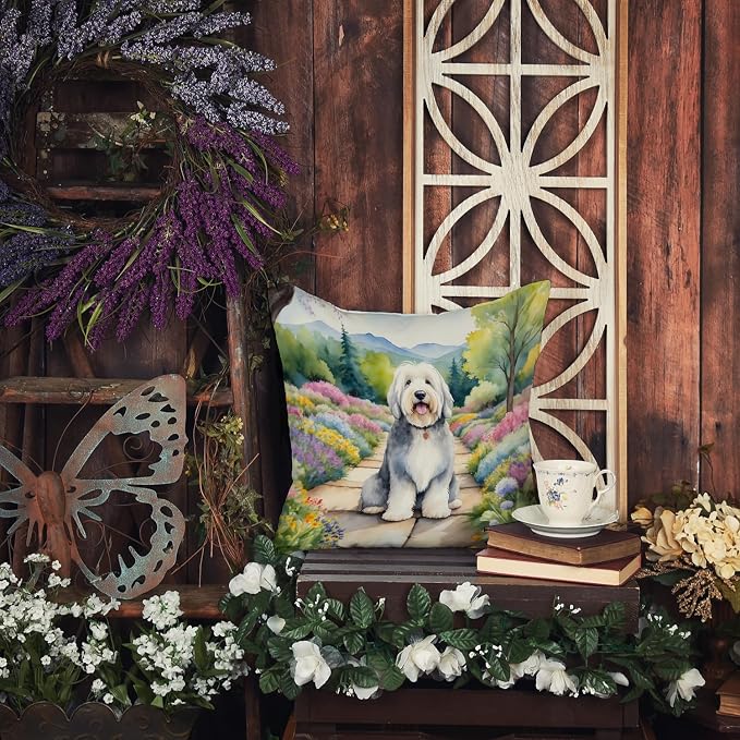 Caroline's Treasures Old English Sheepdog Spring Path Throw Pillow Machine Washable, Indoor Outdoor Decorative Pillow for Couch, Bed or Patio, 14Hx14W