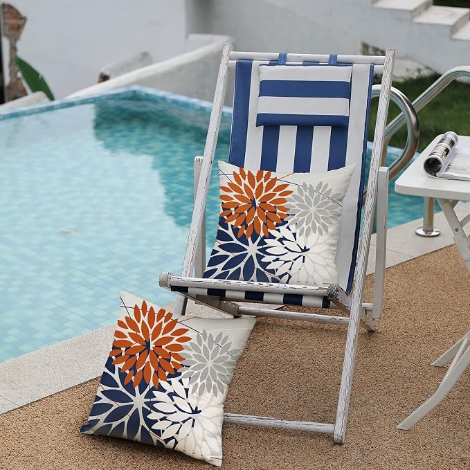 DFXSZ Pack of 2 Outdoor Waterproof Throw Pillow Covers 18x18 Orange Blue | Polyester Spring Summer Fall Floral Decorative Cushion Cases(NO INSERT),For Couch Patio Funiture Garden Home Decor