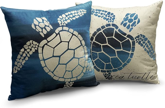 Coastal Beach Style Pillow Covers 24x24 Set of 2 Nautical Sea Turtle Throw Pillow Covers Ocean Linen Outdoor Pillow Case for Patio Living Room Car Blue
