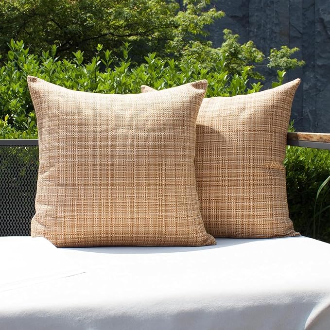 Kevin Textile Outdoor Waterproof 18x18 Inch Pillow Covers 2 Pack, Beige | Water Resistant, Faux Linen Yarn-dyed, Woven Texture Throw Pillow Covers for Tent Patio Garden Couch Sofa