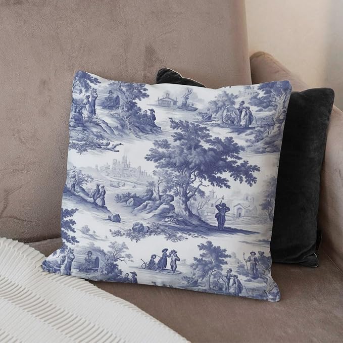 Navy White Blue Decorative Toile Print Pillow Cover French Charmed Life Toile Throw Pillow Cover Modern Throw Pillow Covers Farmhouse Decorative for Patio Tent Couch 16x16 in
