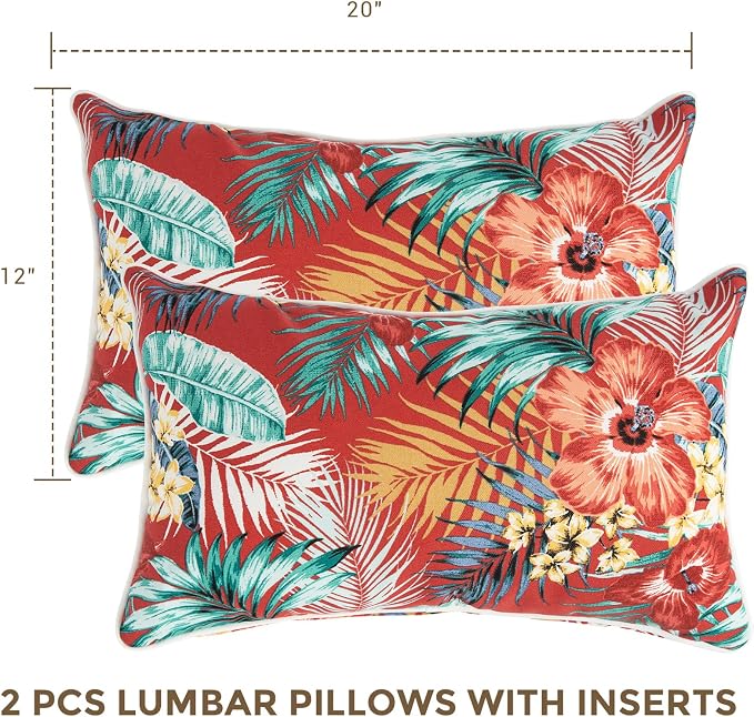 Lumbar Pillow with Insert, Set of 2, Outdoor Indoor Waterproof Decorative Patio Lumbar Pillow 12x20 Inch, Rectangular Cushion for Couch Sofa Garden Farmhouse Decoration-Chili Red Floral