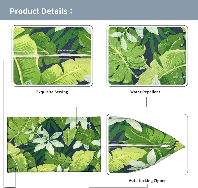 12x20 Inch Lumbae Pillow Covers, Rectangle Waterproof Throw Covers Set of 2, Decorative Patio Furniture Cushion Cases for Porch Garden, Jungle Leaves